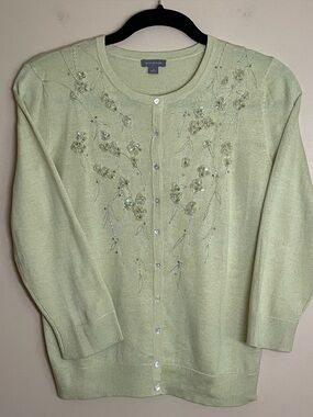 Ann Taylor Silk Cotton Cashmere Beaded Cardigan Sweater Light Green Size M